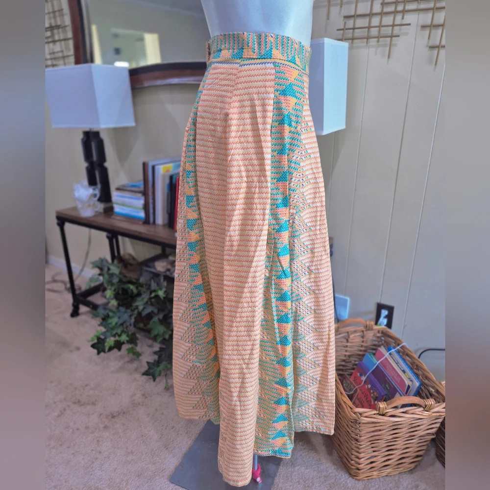 Peach and Teal Pleated Long A-line Skirt Modest Aztec Southwest Print - Picture 2 of 13